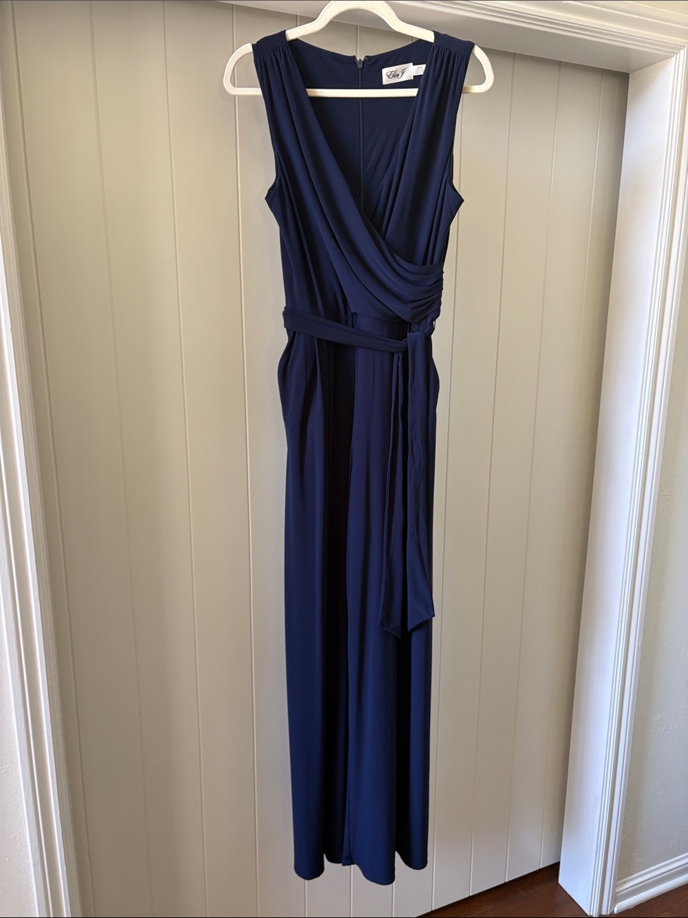Eliza J Brand Sleeveless Navy Wrap Wide Leg Pantsuit, Medium